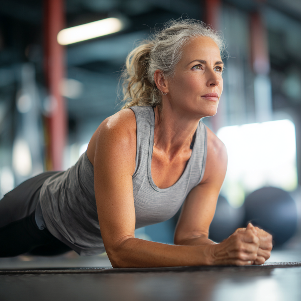 Athletic middle-aged woman demonstrating core strength exercises in modern fitness environment