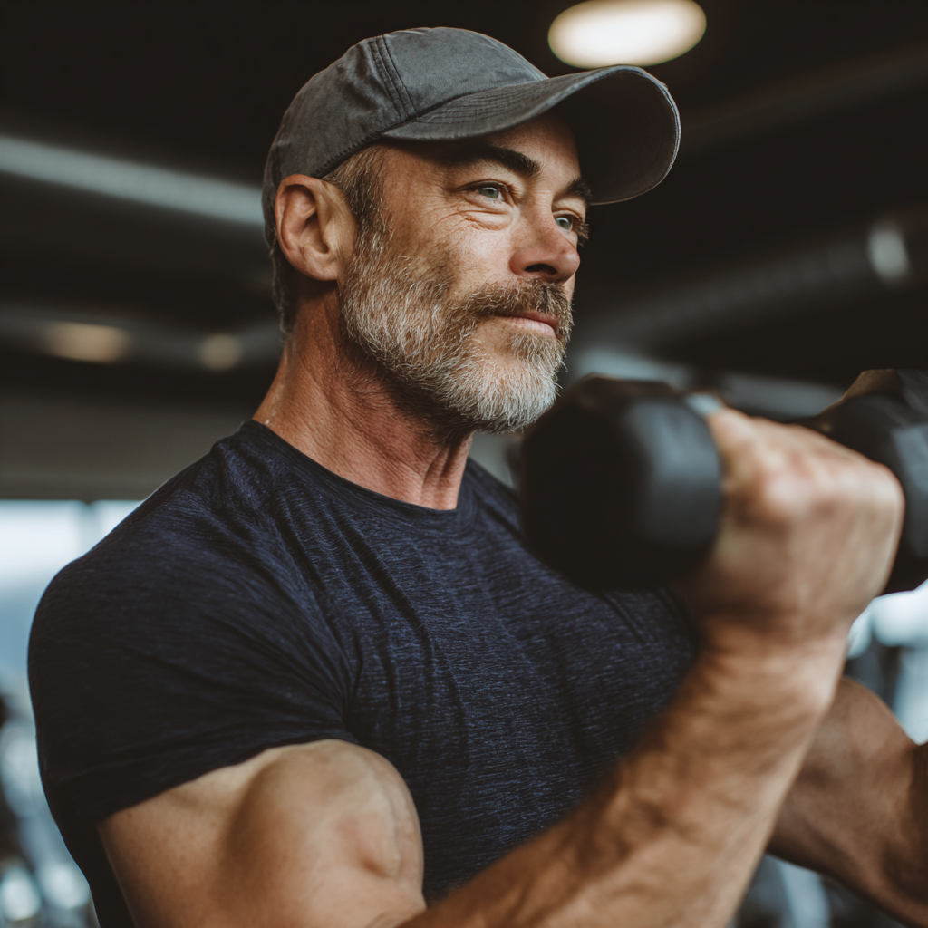 Mature fitness enthusiast showing strength improvement results in professional gym setting